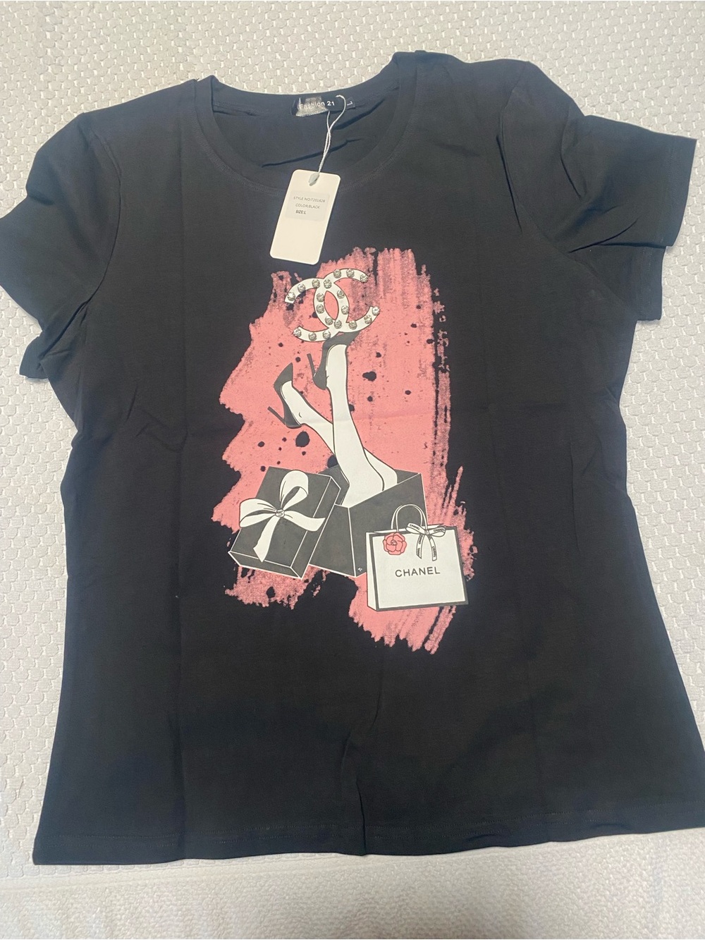 FASHION 32  Black Short Sleeve Tee with Pink Graphic and Logo